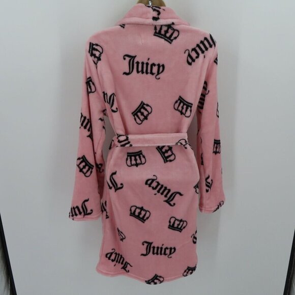 Juicy Couture L/XL Extra Large Pink Black Logo Crown Plush Bathrobe Robe NEW - Picture 4 of 11